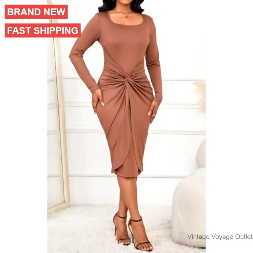 Long Sleeve Bodycon Midi Dress Wrap Tie Square Neck Party Dress - Picture 2 of 7